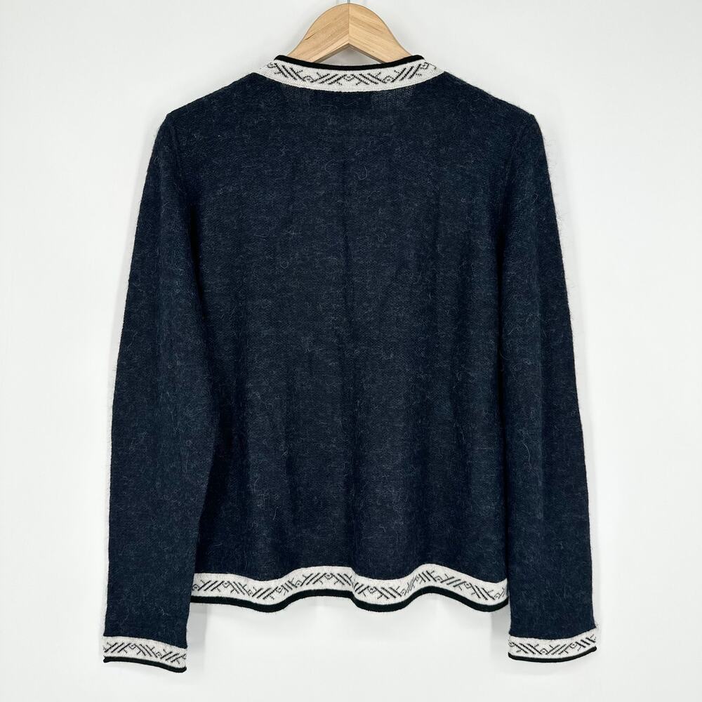 Peruvian Link Feather Cardigan Baby Alpaca Contrast Trim Fuzzy Crew Neck Sweater - Picture 7 of 12